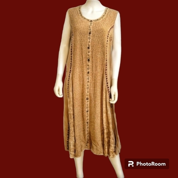VTG MAGIC 1980s Tan Floral Embroidered Tie Back Sleeveless Circle Dress - Picture 1 of 16